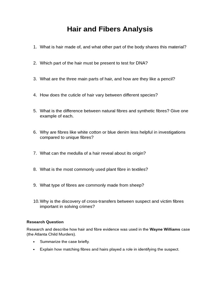 Hair and Fibers worksheet PDF