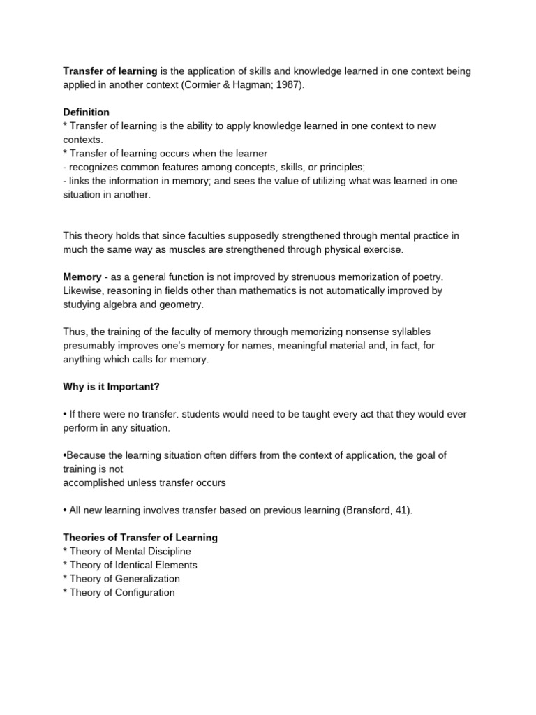 Understanding Transfer of Learning | PDF