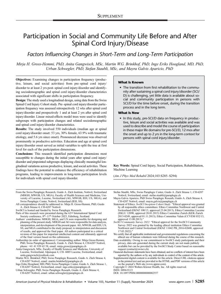 Participation in Social and Community Life Before and After Spinal Cord ...