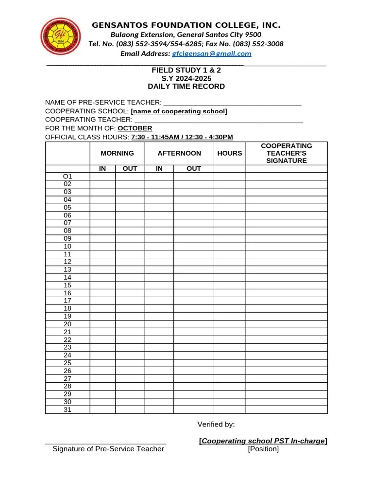 Field Study Daily Time Record 2025 | PDF