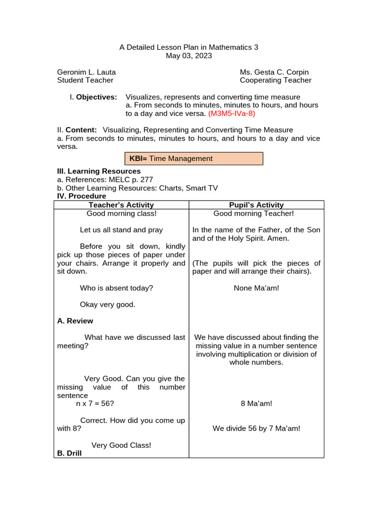 Time Conversion Lesson Plan for Grade 3 | PDF | Clock | Cognition