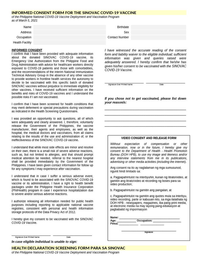Informed Consent Form For The Sinovac | PDF | Informed Consent | Vaccines