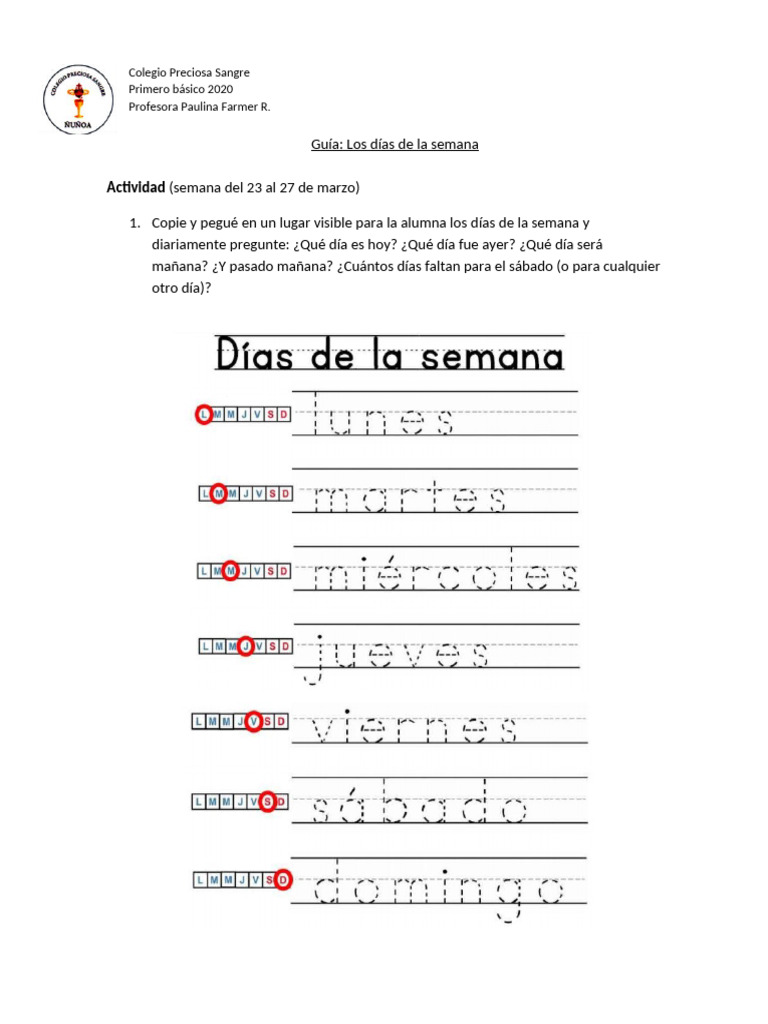 Guía 1 Los Días de La Semana | PDF