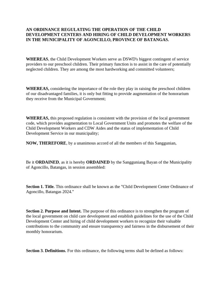 Child Development Center Ordinance Agoncillo | PDF | Child Care | Child ...