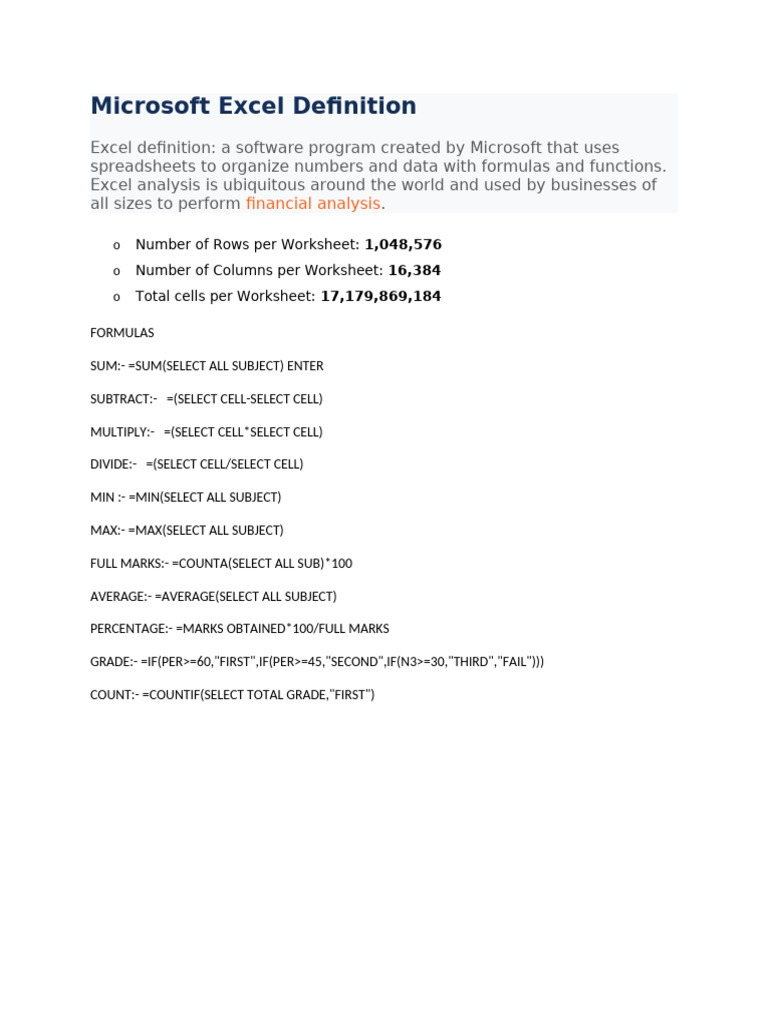 Microsoft Excel Definition | PDF