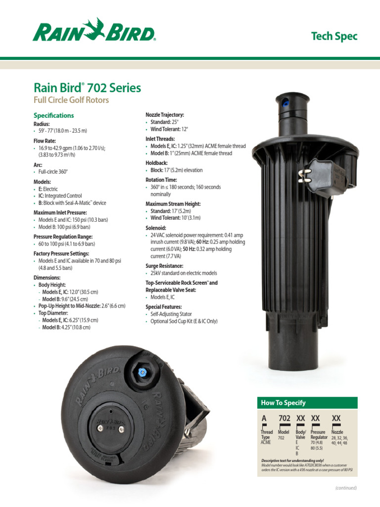 Rain Bird 702 Series Golf Rotors Specs | PDF | Mechanical Engineering