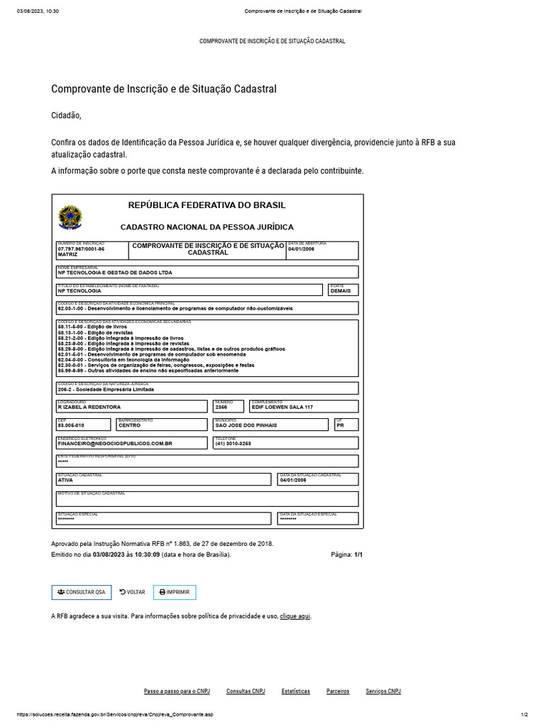 Comprovante De Inscrição E De Situação Cadastral Pdf