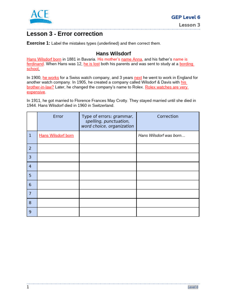 GEP Level 6 Lesson 3: Error Correction | PDF