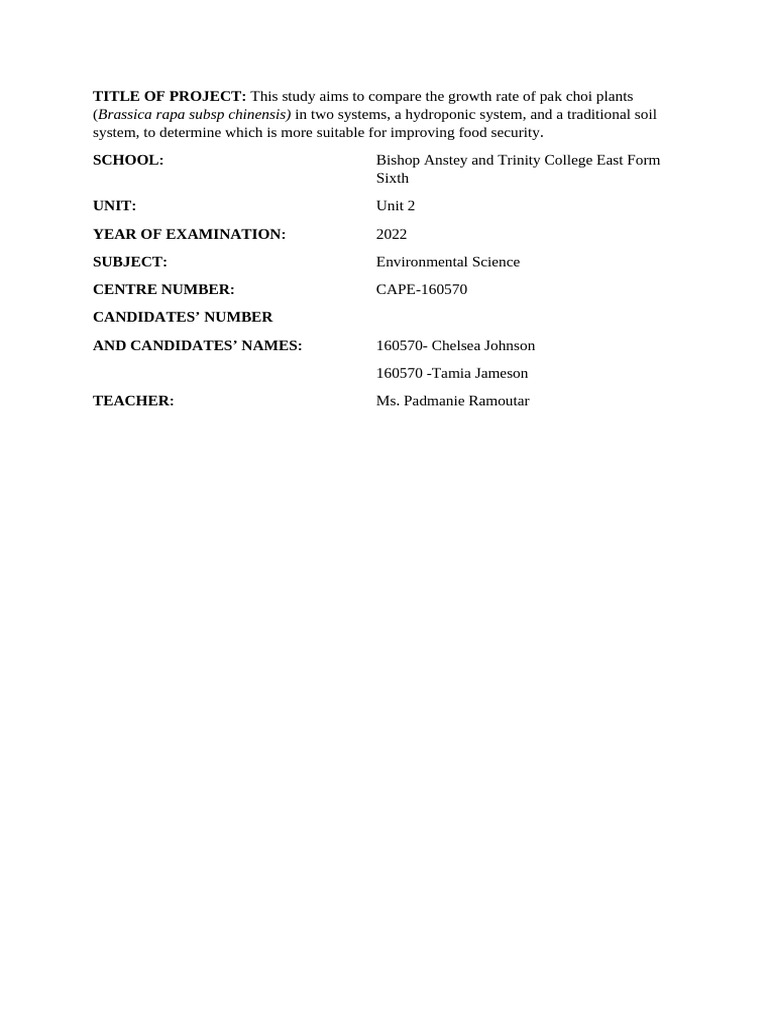 2021 Environmental Science U2 SBA - Hyrdroponics (Tamia) | PDF ...