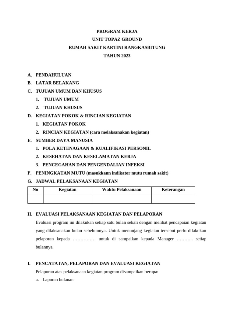 Program Kerja Unit Topaz RS Kartini 2023 | PDF