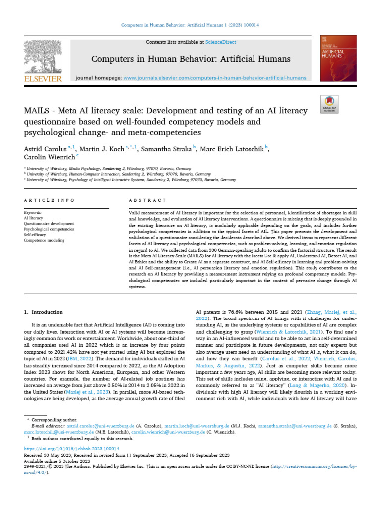 Development of the MAILS AI Literacy Scale | PDF | Intelligence (AI ...