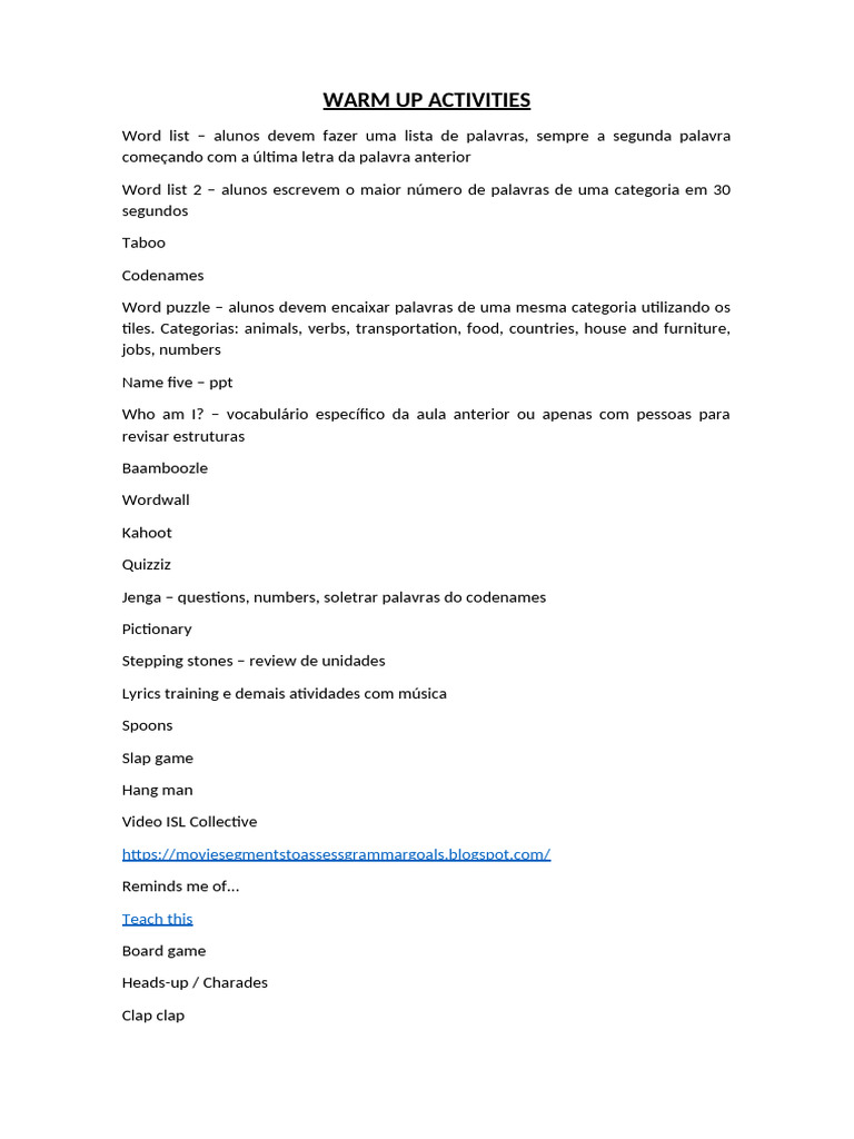 Warm Up Activities | PDF