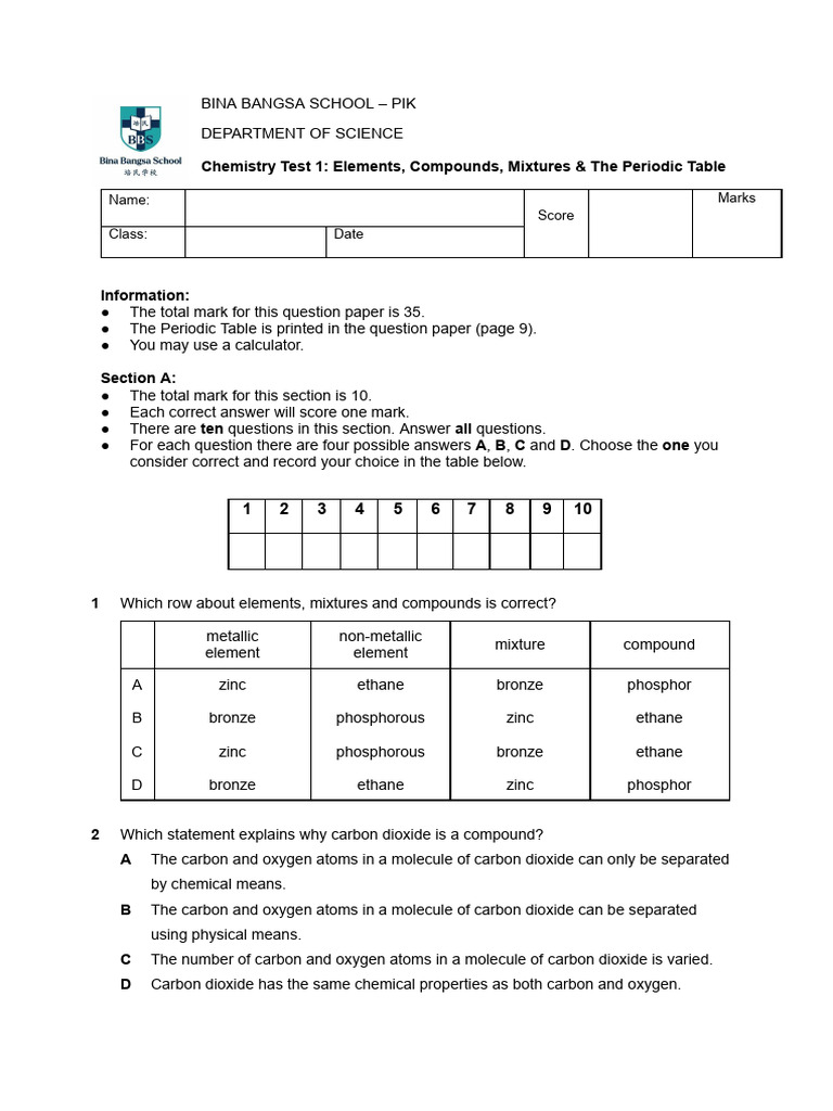Chemistry Test: Elements & Compounds | PDF | Chemical Elements ...