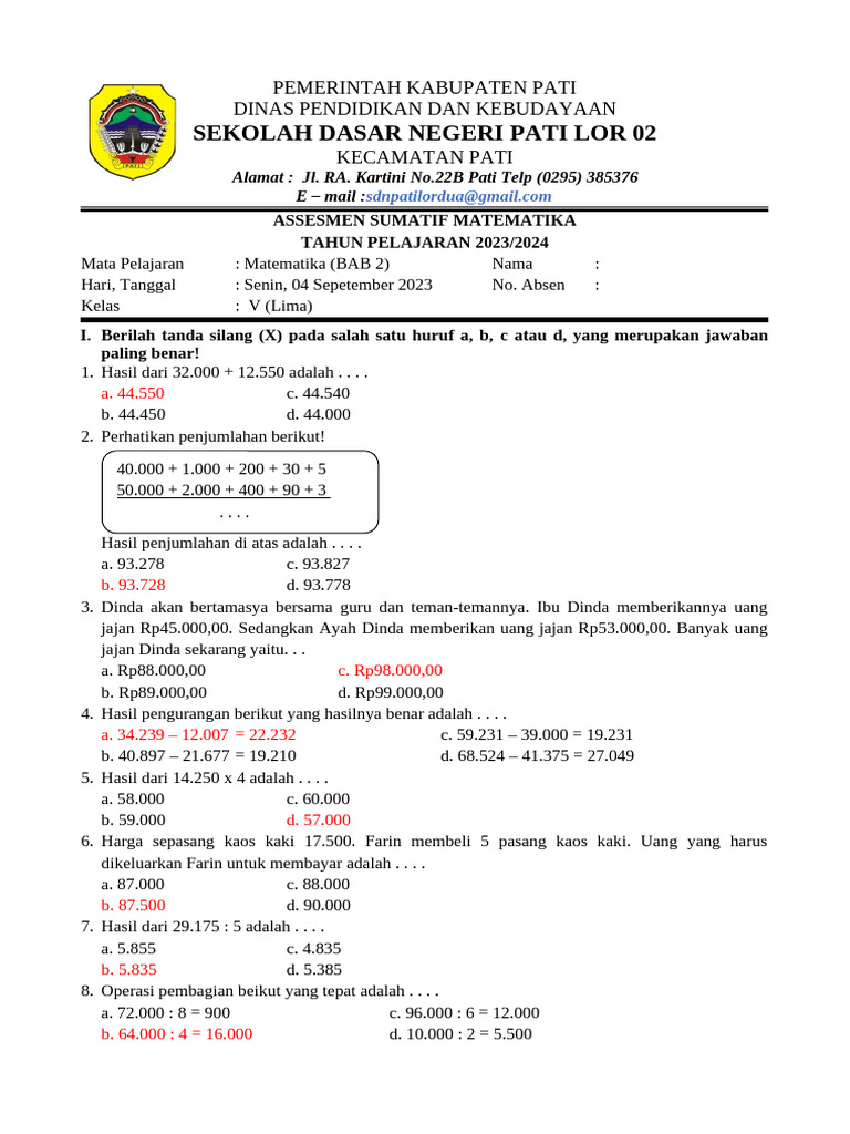 Soal Ulangan Matematika Bab Ii Kelas 5 Kurikulum Merdeka | PDF