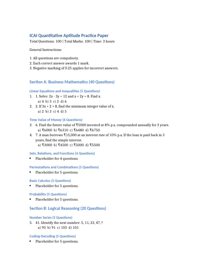 CA Foundation Quantitative Aptitude Paper | PDF