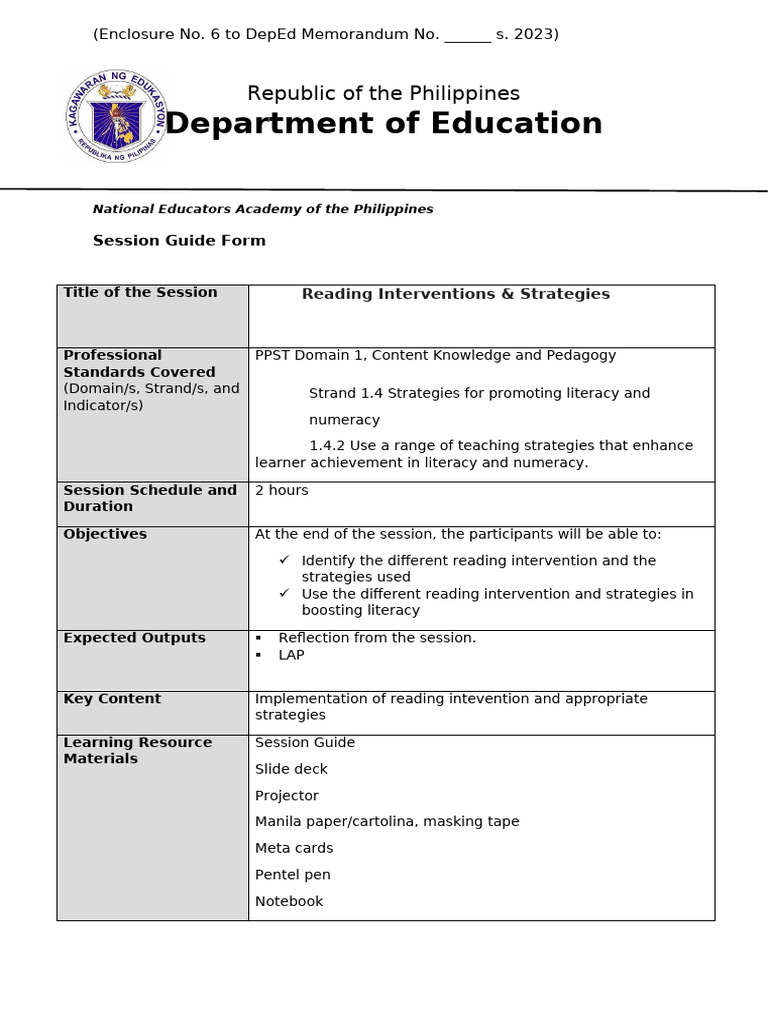 Session Guide Reading Intervention & Strategies Mariz | PDF | Pedagogy ...