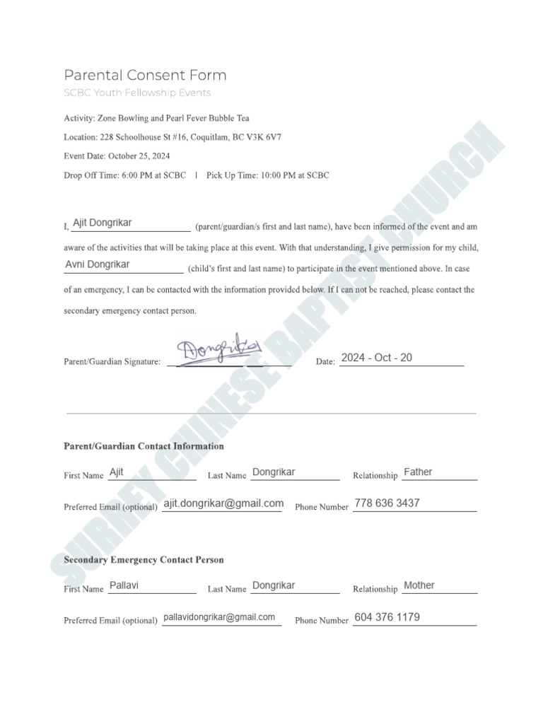 Parental consent form youth fellowship events signed pdf