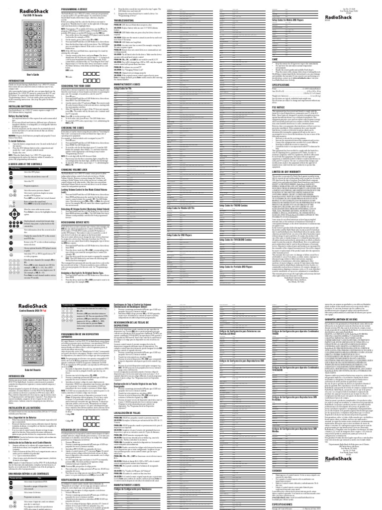 152148 Radio Shack Remote Control Users Manual Codes Remote Control