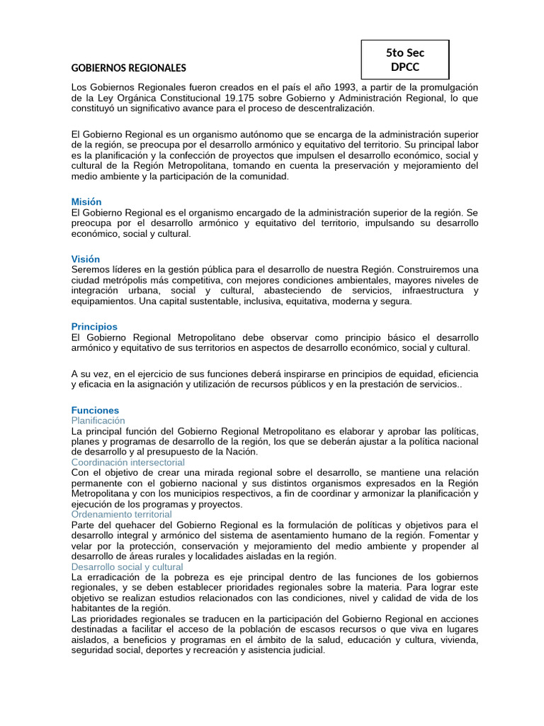 Funciones y Misión de Gobiernos Regionales | PDF | Planificación ...