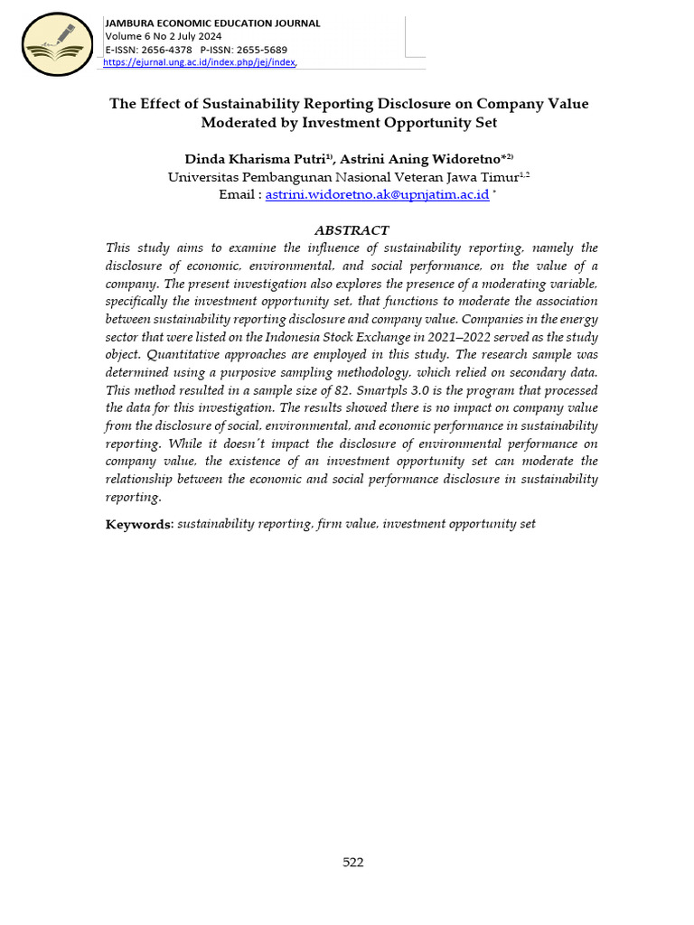 The Effect of Sustainability Reporting Disclosure | PDF | P Value ...