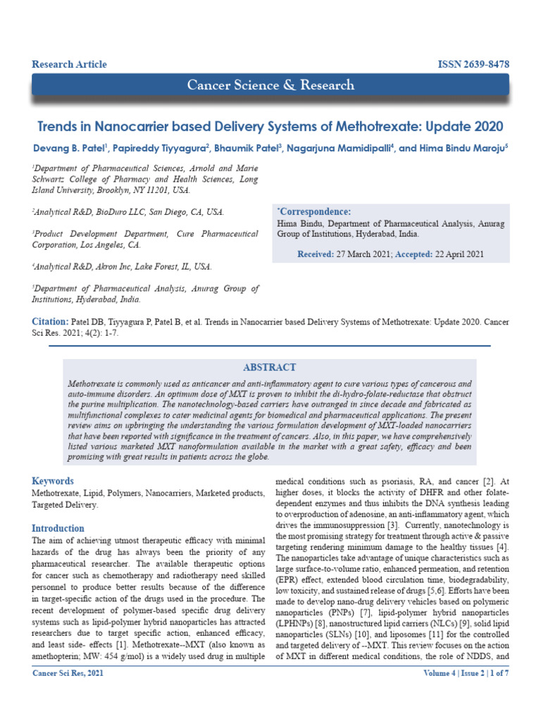 Trends in Nanocarrier Based Delivery Systems of Methotrexate: Update ...