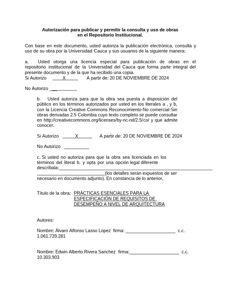 Autorización para Publicar y Permitir La Consulta y Uso de Obras en El ...