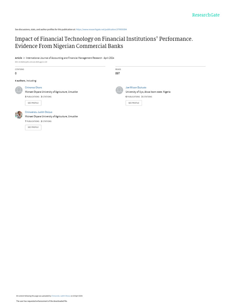 FinTech Impact on Nigerian Banks' Performance | PDF | Coefficient Of ...