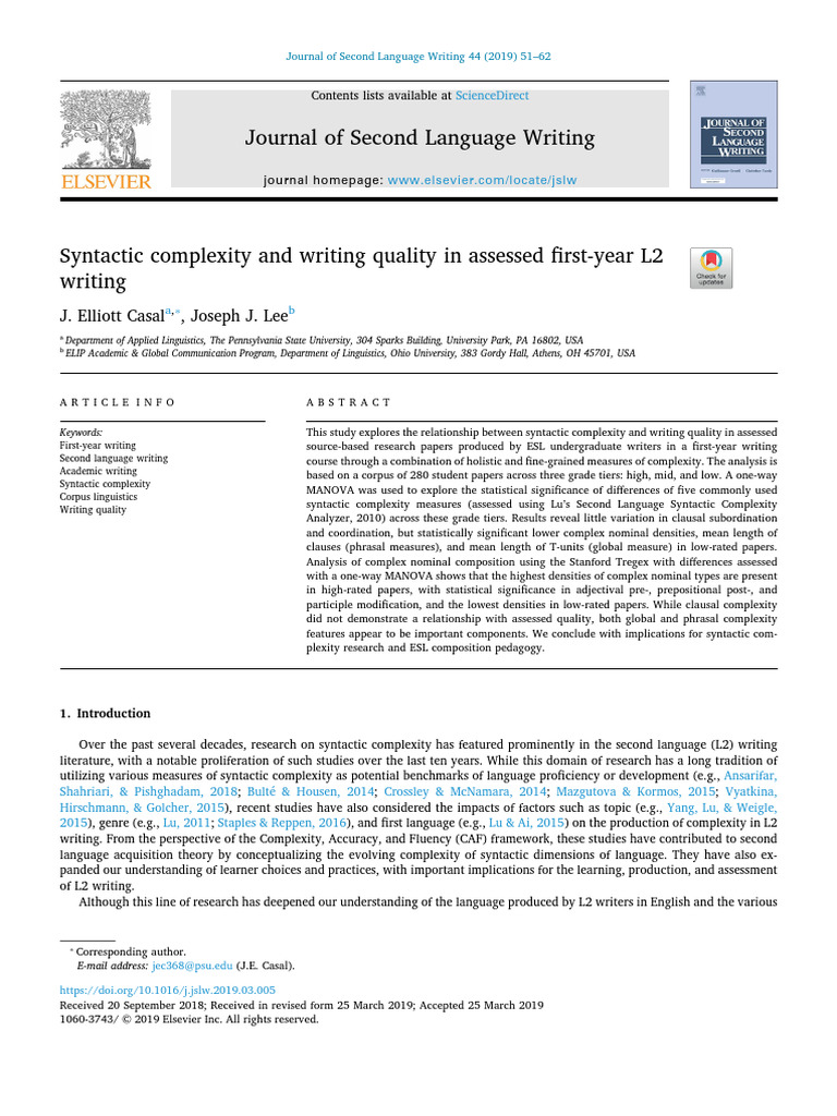 Syntactic Complexity and Writing Quality in Assessed First-Year L2 ...