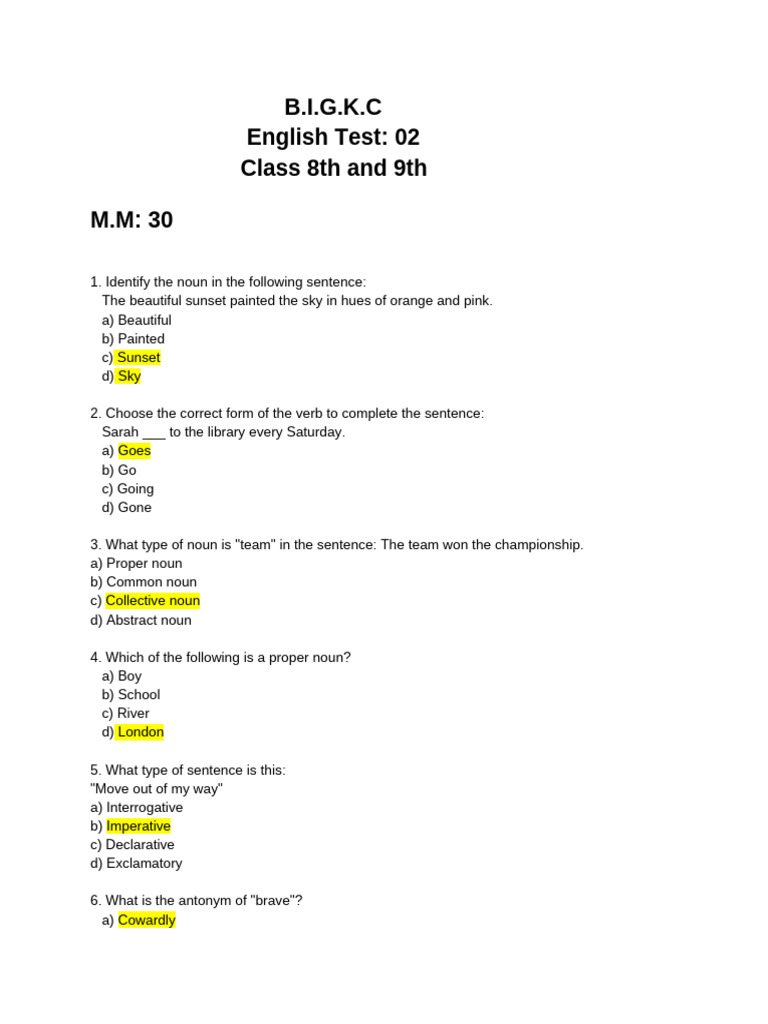 English Class Test | PDF | Verb | Noun