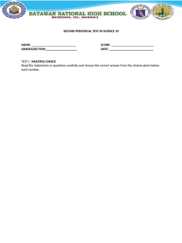 Second Periodical Test In Science 10 Pdf