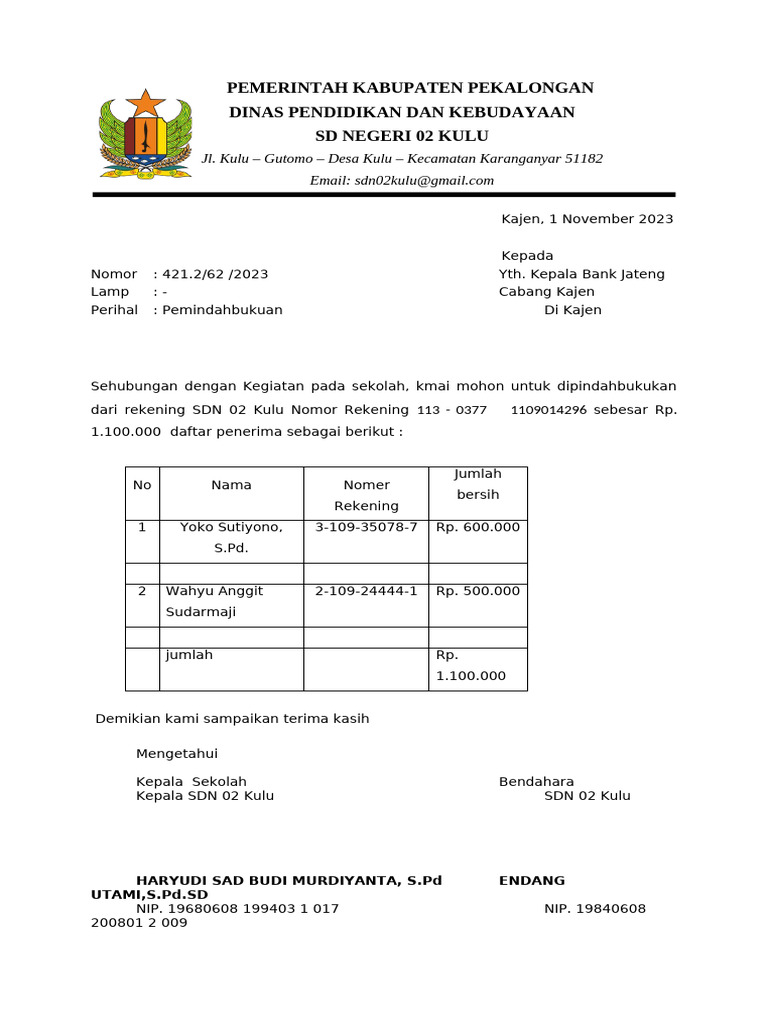 Pemindahbukuan SDN 02 Kulu ke Bank Jateng | PDF