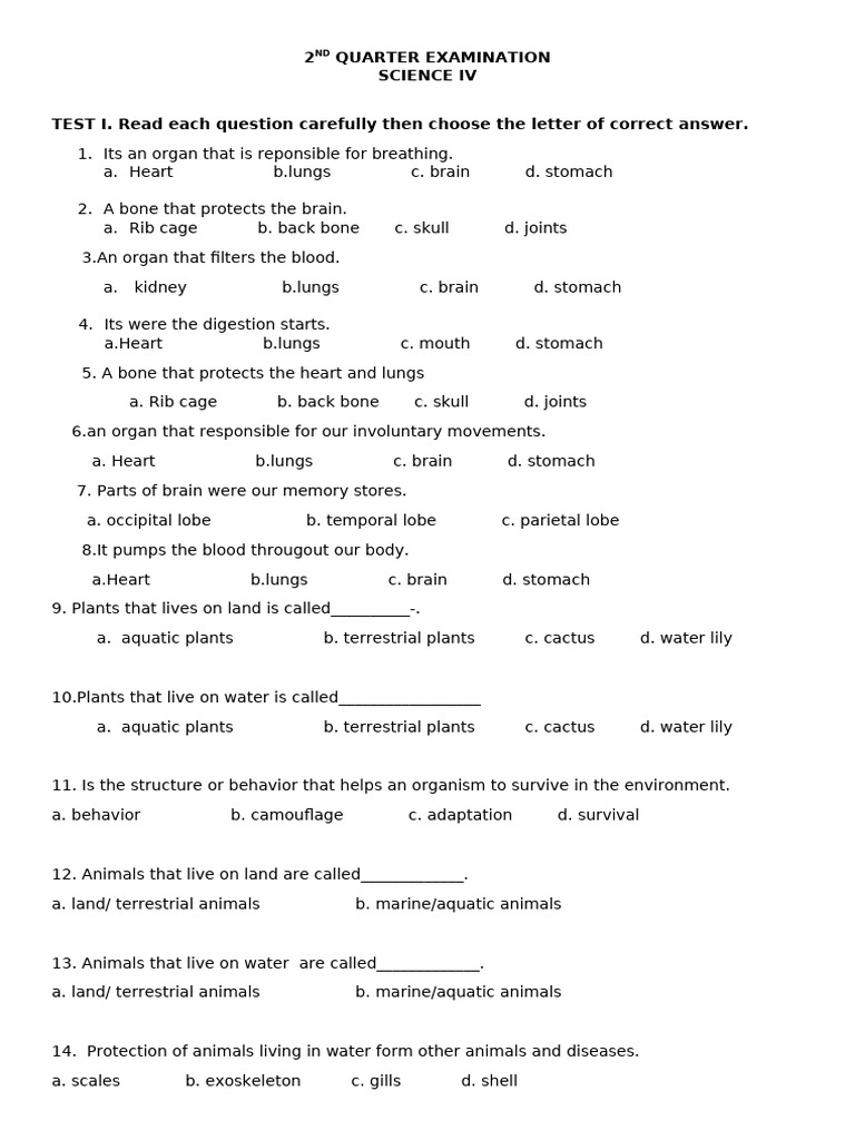 Science IV 2nd Quarter Exam Questions | PDF | Heart