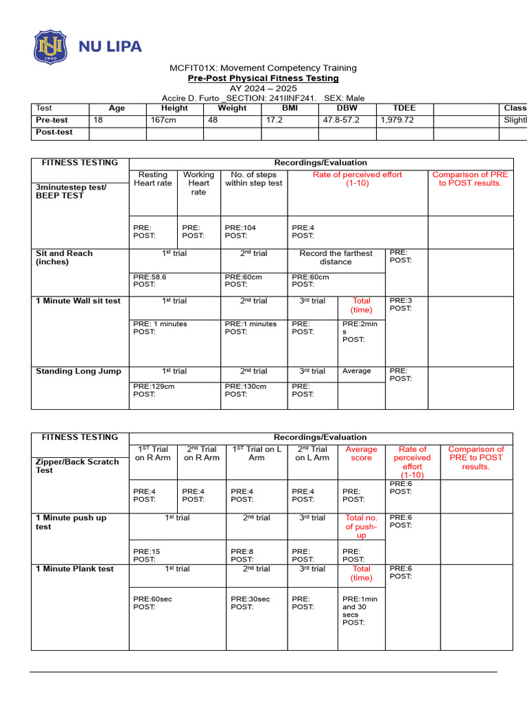 Pre-Physical Fitness Test | PDF | Physical Exercise