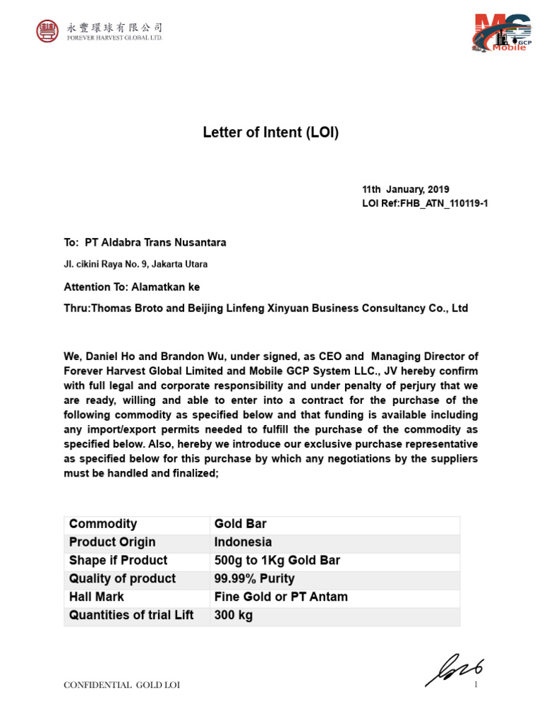 PT Aldabra Trans Nusantara Gold LOI 110119-1 | PDF | Letter Of Credit ...