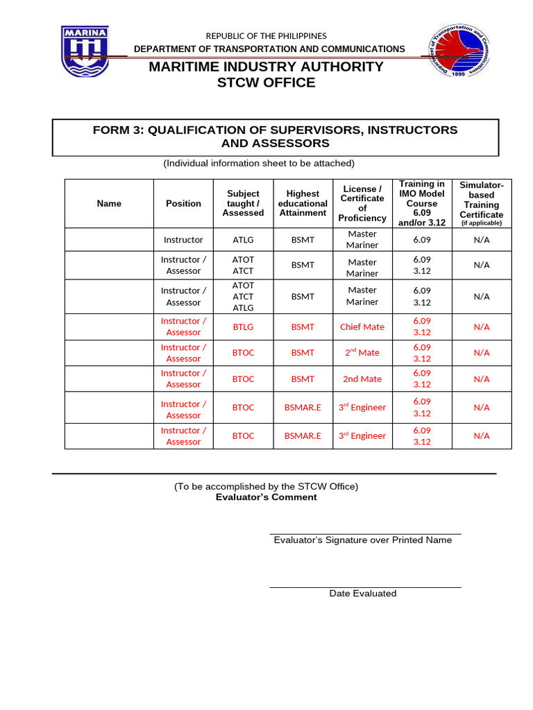 STCW Qualification Form for Instructors | PDF