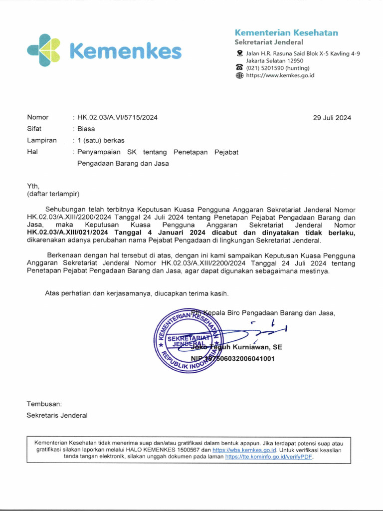 SK Pejabat Pengadaan Barang Jasa Per Juli 2024 Sign | PDF