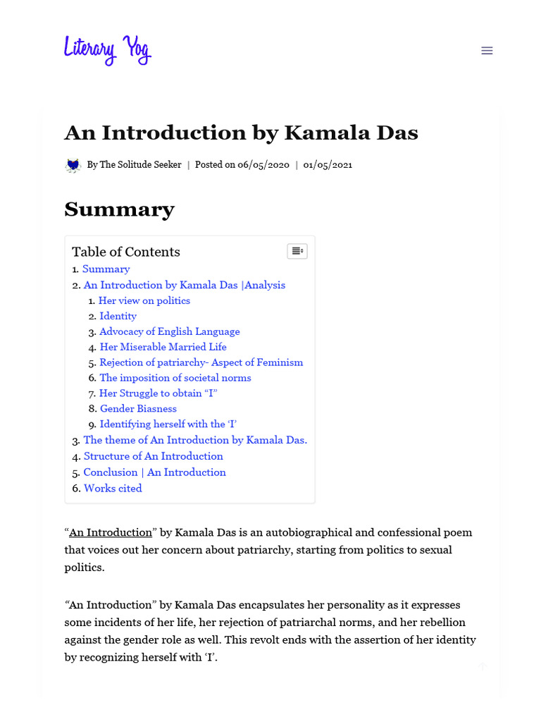 An Introduction by Kamala Das Literary Yog1 | PDF | Poetry | Patriarchy