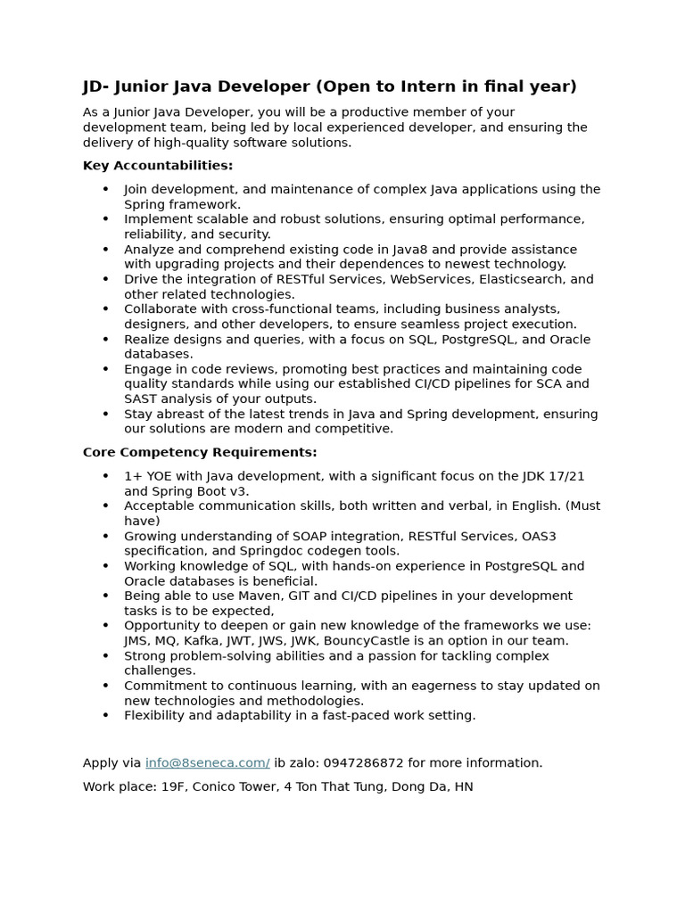 JD - Junior Java Developer (Open For Intern in Final Year) | PDF
