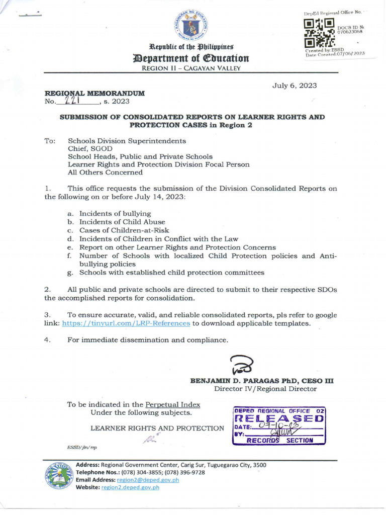 Regional Memorandum No. 221, S. 2023 - Submission of Consolidated ...