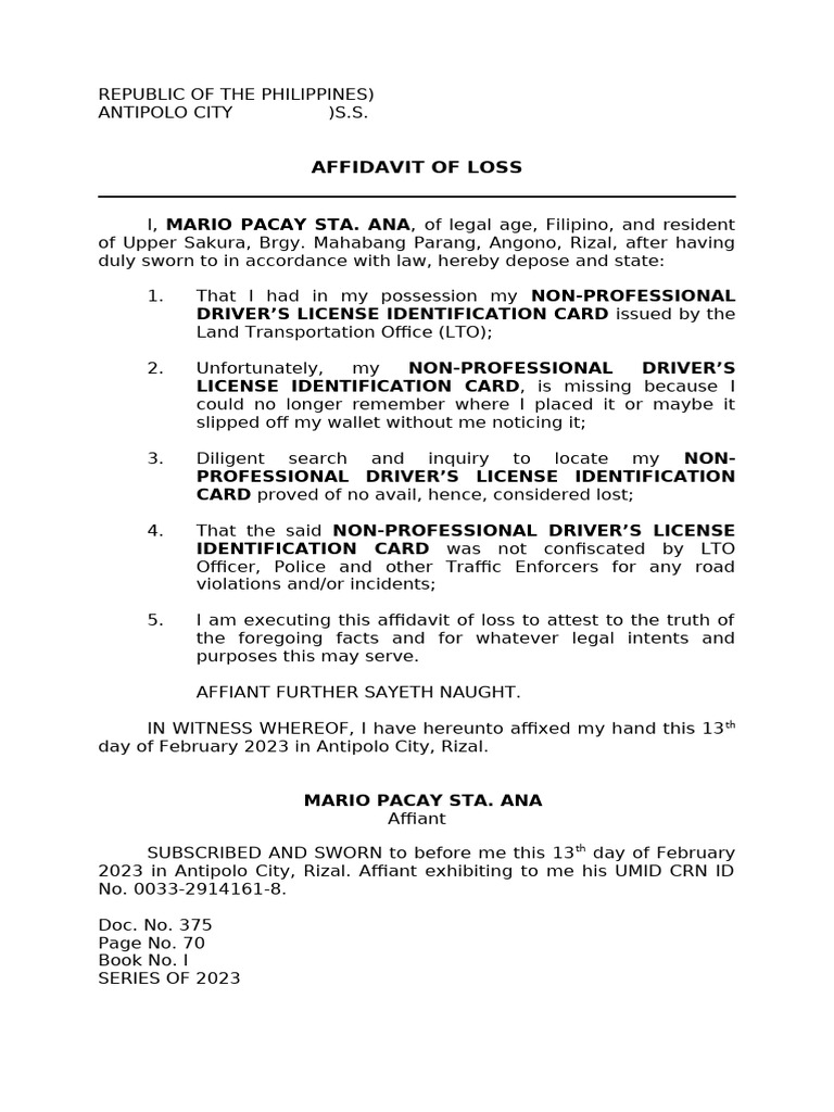 Aff. of Loss of Mario Pacay Sta. Ana (Dri - Lic) | PDF