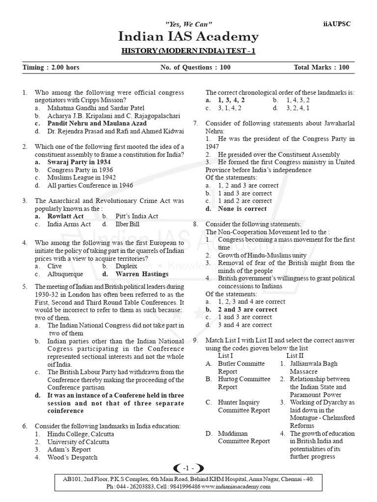 UPSC Modern India History Test 1 | PDF | Indian Independence Movement ...