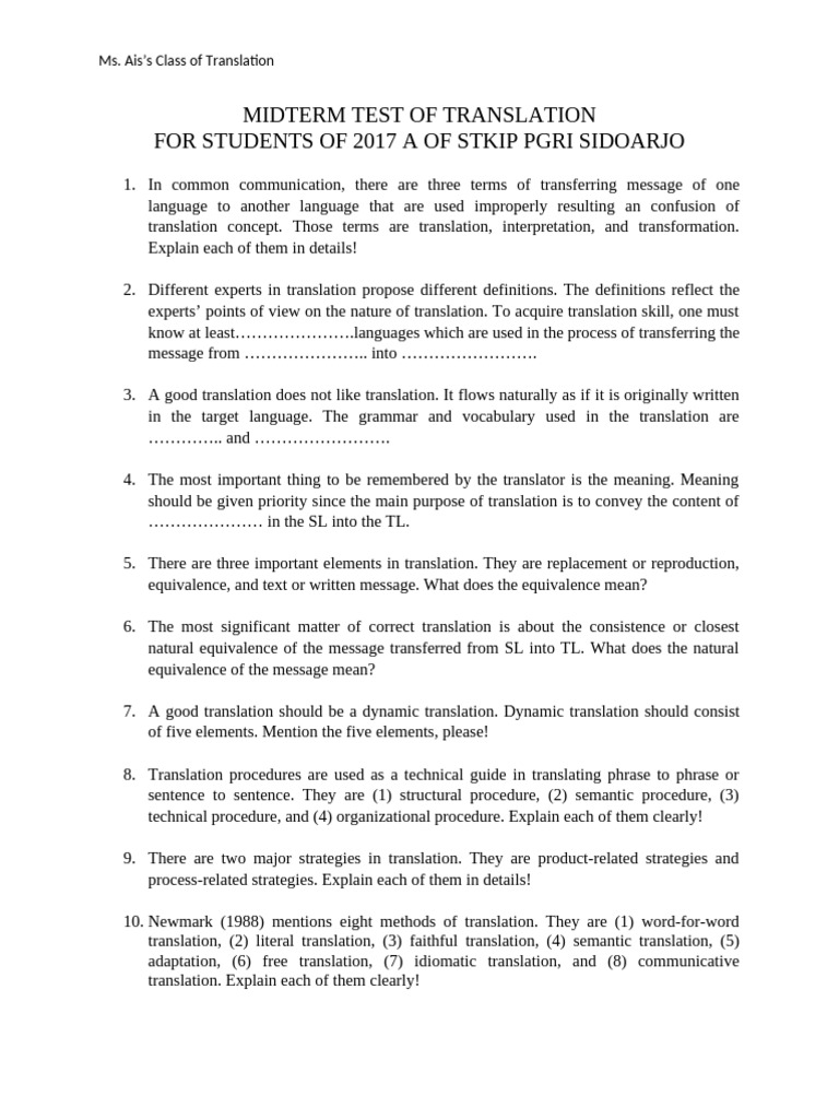 Translation Midterm for 2017 Students | PDF | Translations | Semantics
