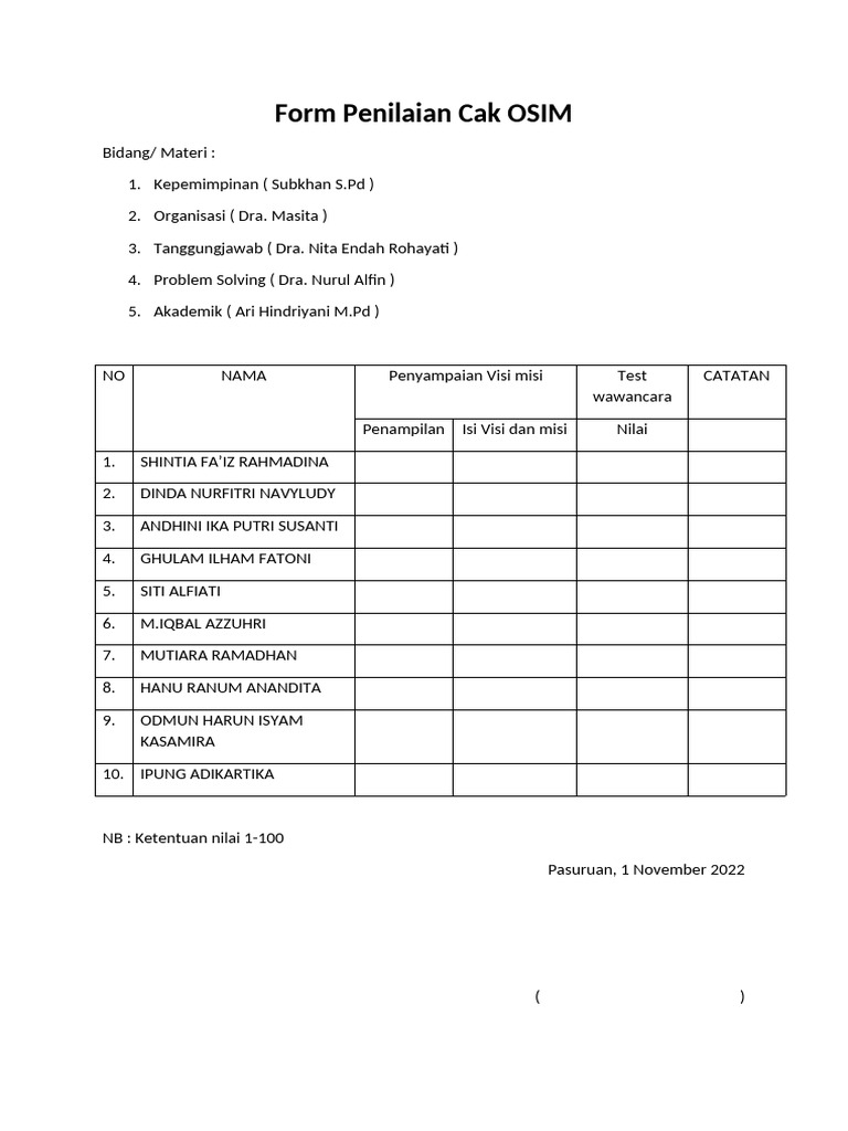 Form Penilaian Cak OSIM 2022 | PDF
