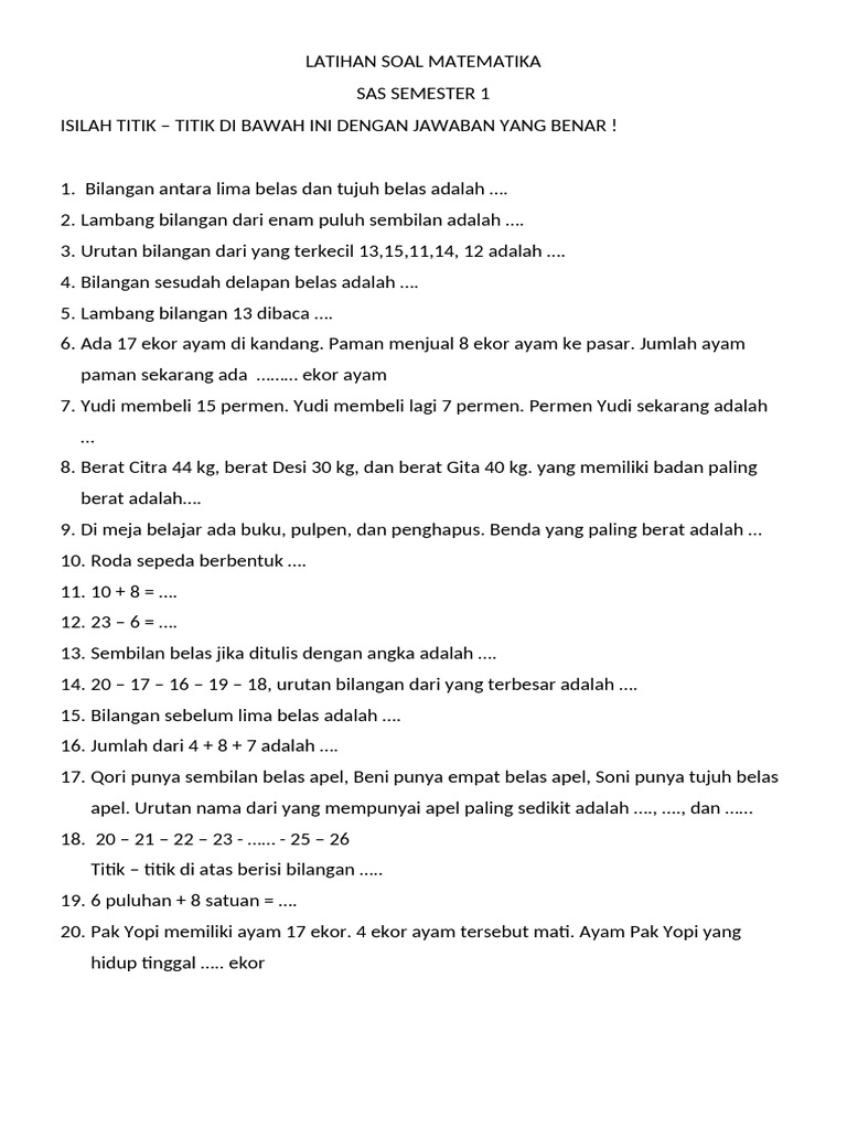 Latihan Soal Matematika Kelas 1 | PDF