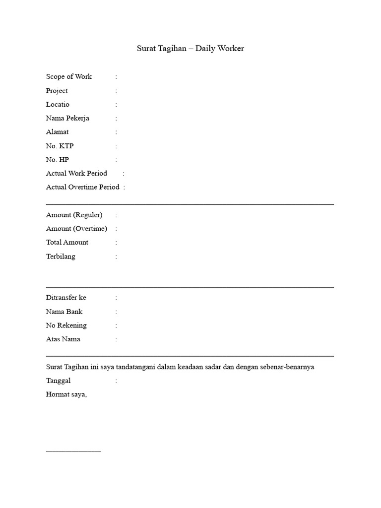 Surat Tagihan Daily Worker Reguler | PDF
