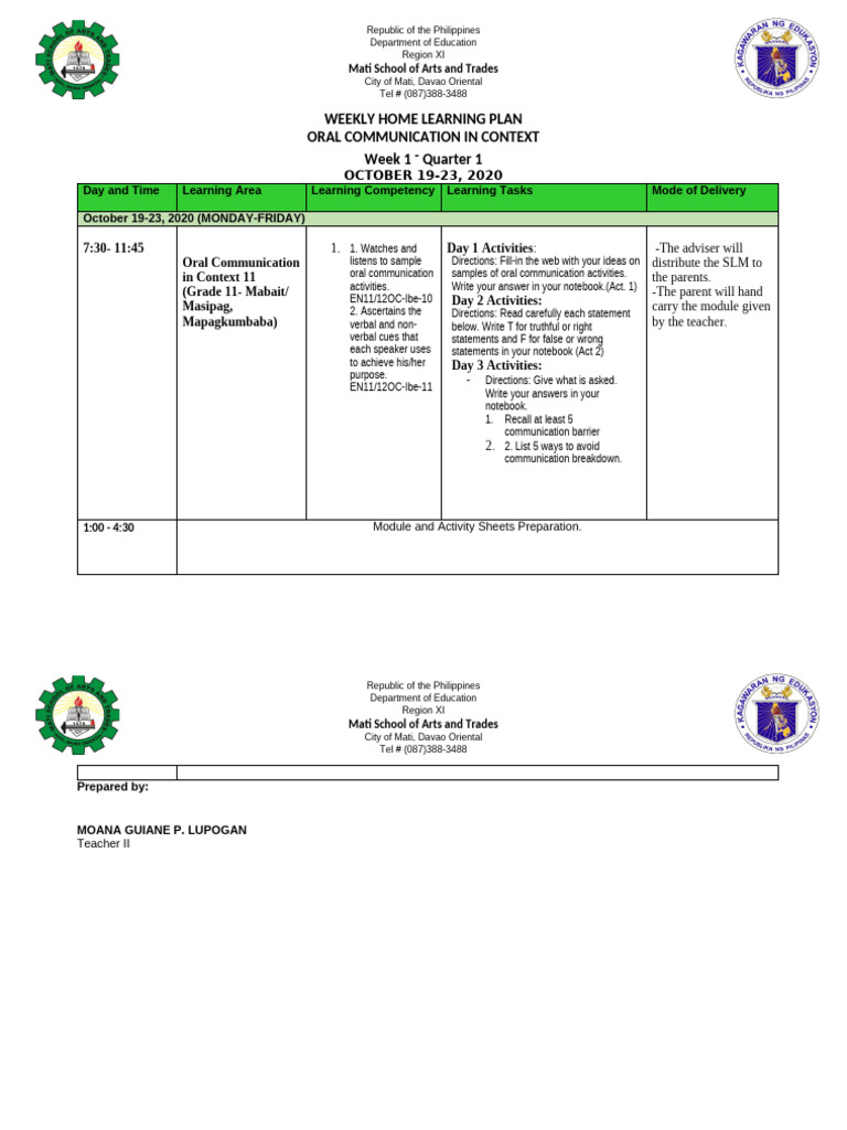 Home Learning PLan Oral Com and 21st Century | PDF | Communication ...