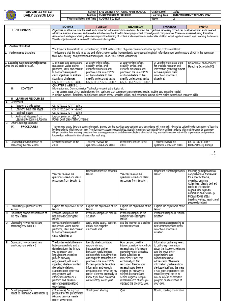 Empowerment Technology Lesson Plan | PDF | Educational Technology ...