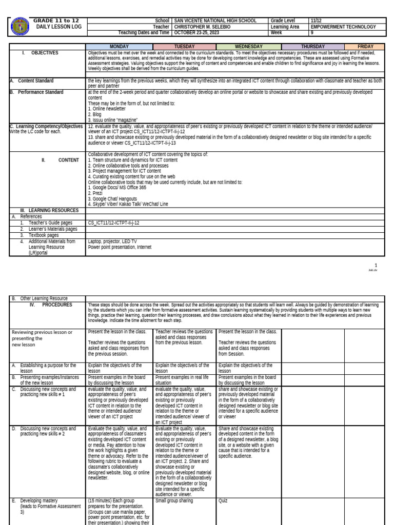 Week 9 Empowerment Tech Lesson Plan | PDF | Educational Technology ...
