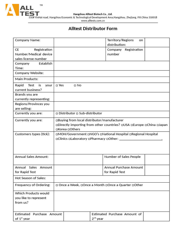 Alltest Distributor Application Form | PDF | Health Sciences | Medicine