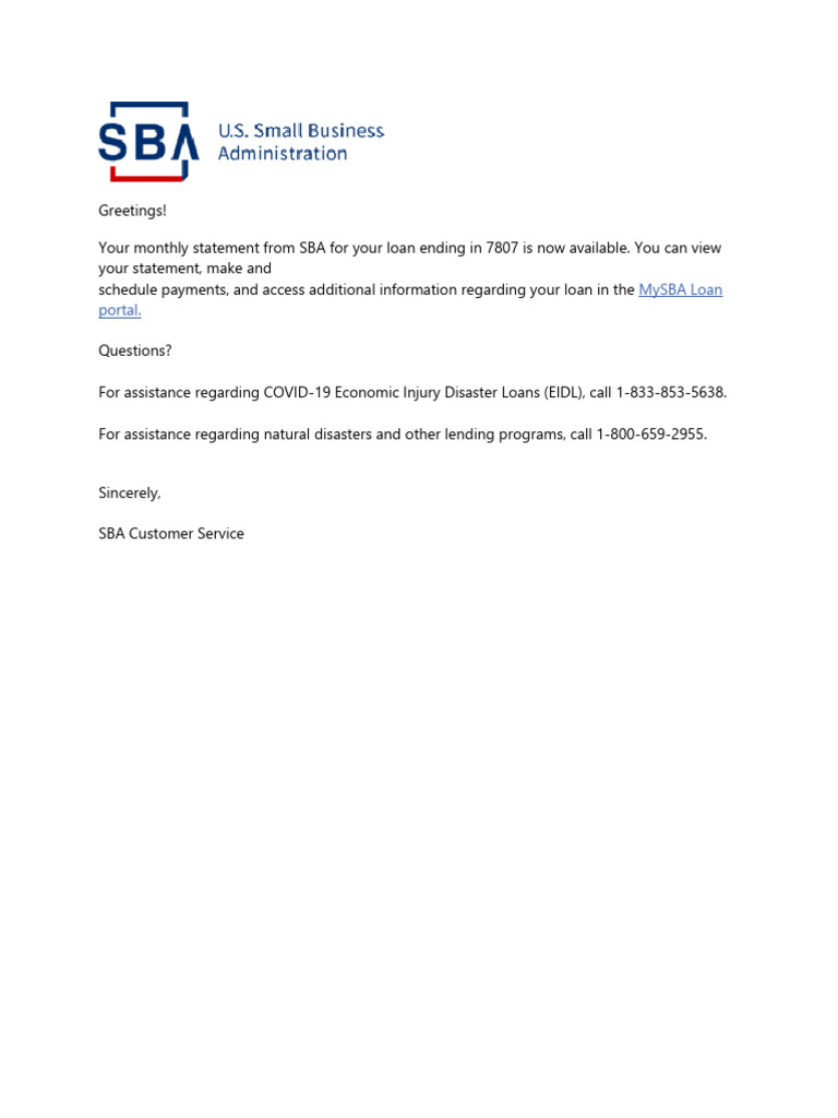 SBA Loan Statement Available Now | PDF